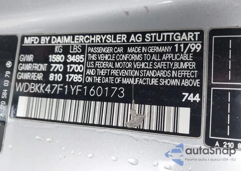 2000 Mercedes-Benz Slk 230 Kompressor из США, поврежденный, VIN WDBKK47F1YF160173